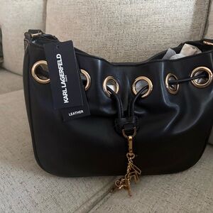 Karl Lagerfeld Black Leather Drawstring Hobo with Gold Eyelets and Charm